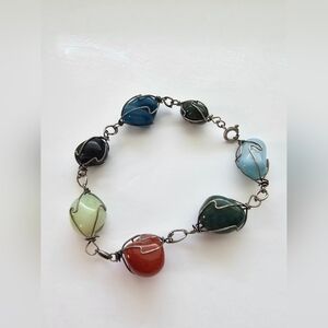 Vintage Artisan Wire Wrapped Tumbled Gemstone Link Bracelet 7 Stone Chakra